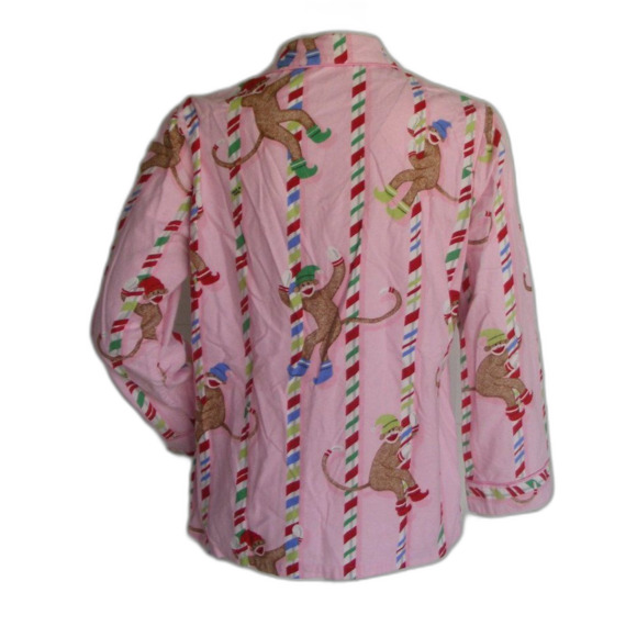 NICK & NORA Pajama Top, M, Pink, Sock Monkeys Climbing Peppermint striped poles - Picture 4 of 10